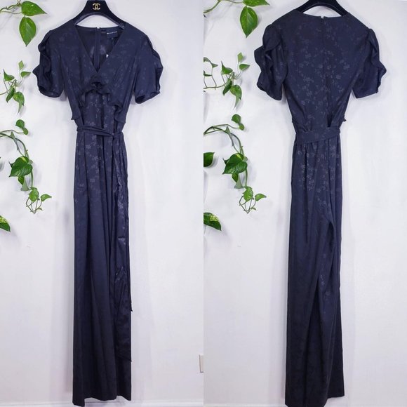 Black Wide Leg Cocktail Jumpsuit XS Satin V Neck Floral Flared Jill Stuart $295 - Picture 3 of 9